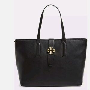 Tory Burch Meyer Plaque Pebbled Leather Tote Bag in black